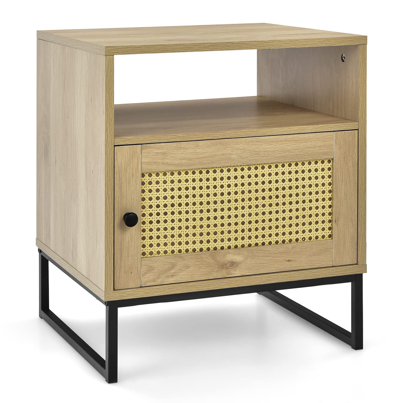 Tangkula Rattan End Table, Indoor Sofa Side Table with Shelf & Rattan Door Cabinet