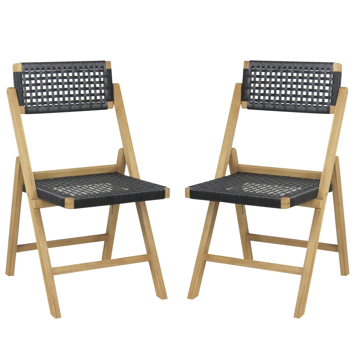 Tangkula Set of 2 Patio Folding Chairs, Solid Teak Wood Dining Chairs with Woven Rope Seat & Back