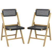Tangkula Set of 2 Patio Folding Chairs, Solid Teak Wood Dining Chairs with Woven Rope Seat & Back