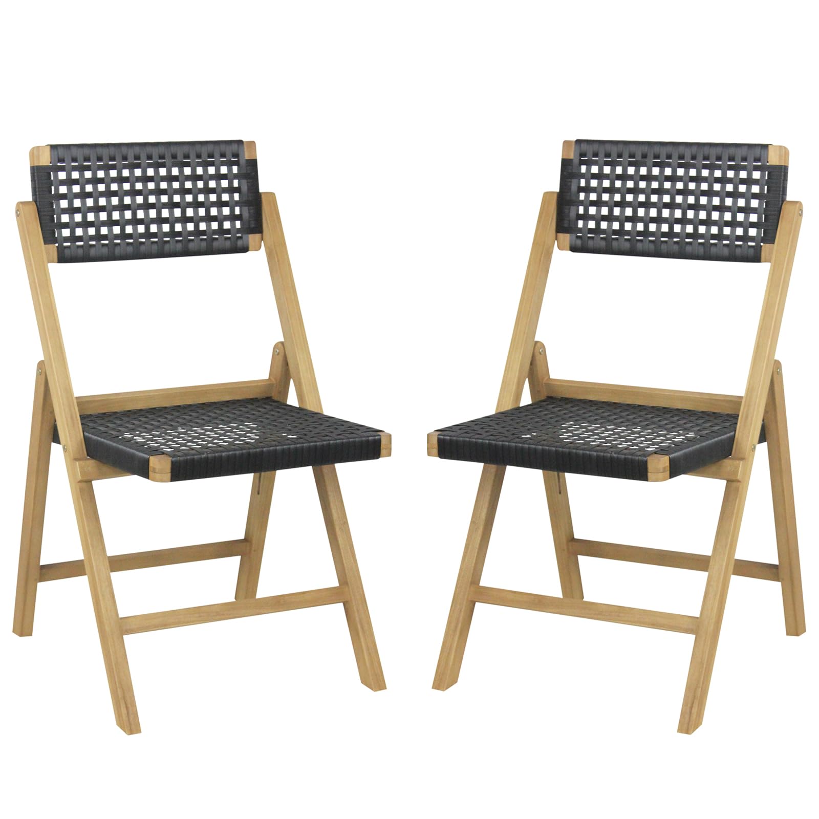 Tangkula Set of 2 Patio Folding Chairs, Solid Teak Wood Dining Chairs with Woven Rope Seat & Back