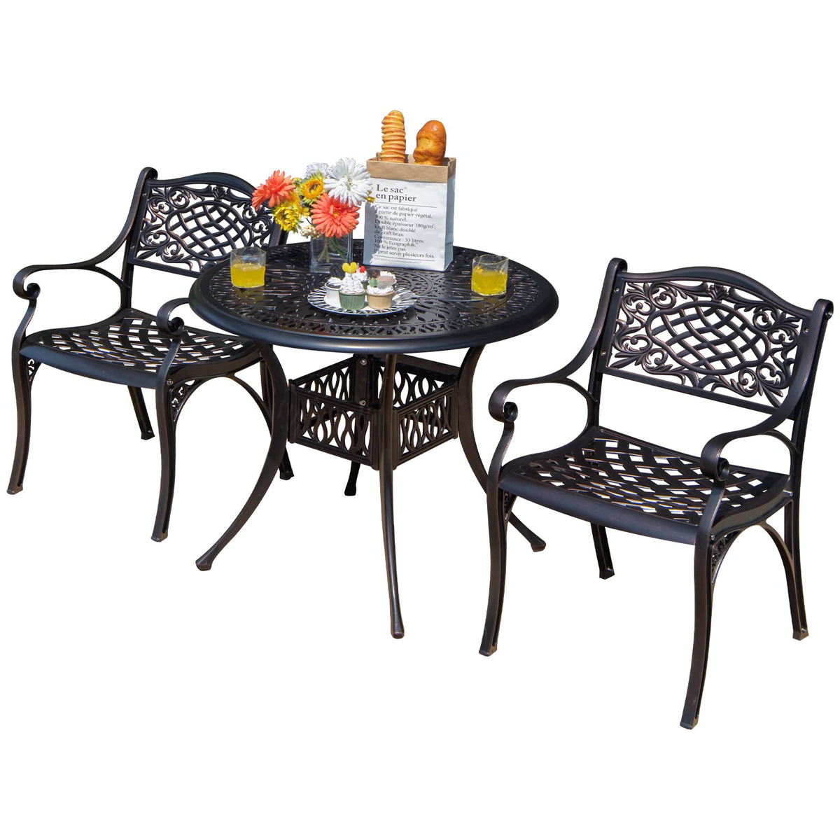 Tangkula Ensemble de bistrot 3 pièces en fonte d'aluminium pour patio, meubles de table et chaises d'extérieur pour porche et balcon