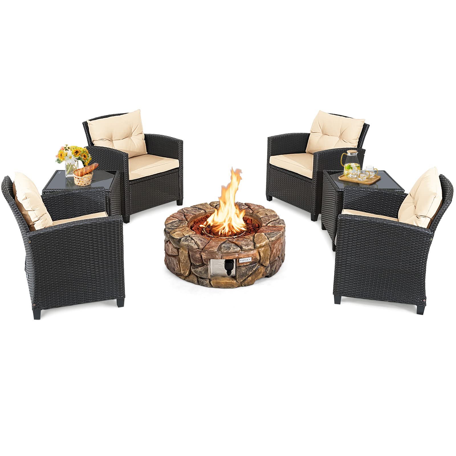 Tangkula 7 Piece Patio Furniture Set with 40,000BTU Propane Fire Pit Table (Brown)
