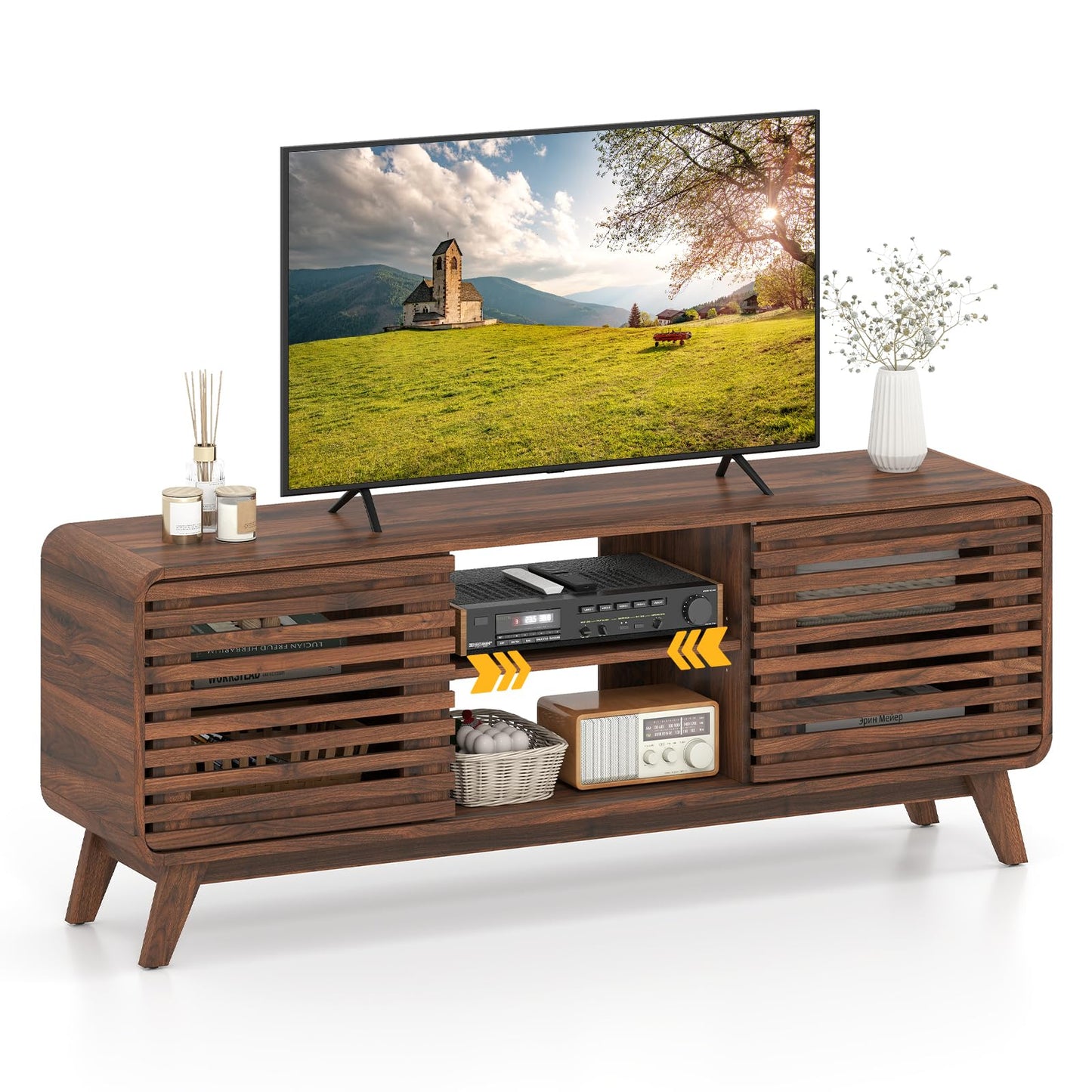 Tangkula Walnut TV Stand for 65” TVs for Living Room