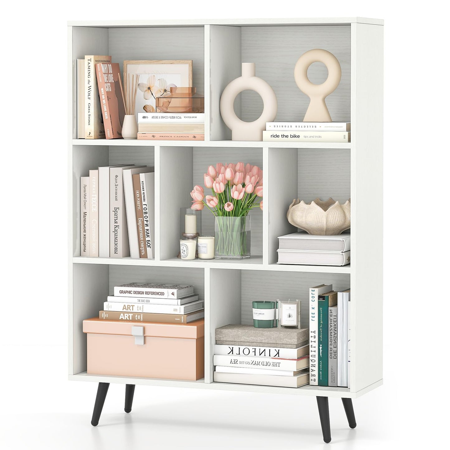 Tangkula Modern 7-Cube Bookcase with 4 Tapered Metal Legs