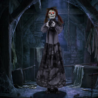 Tangkula 4 FT Halloween Animatronic Standing Skeleton Gril with Pop Up Head