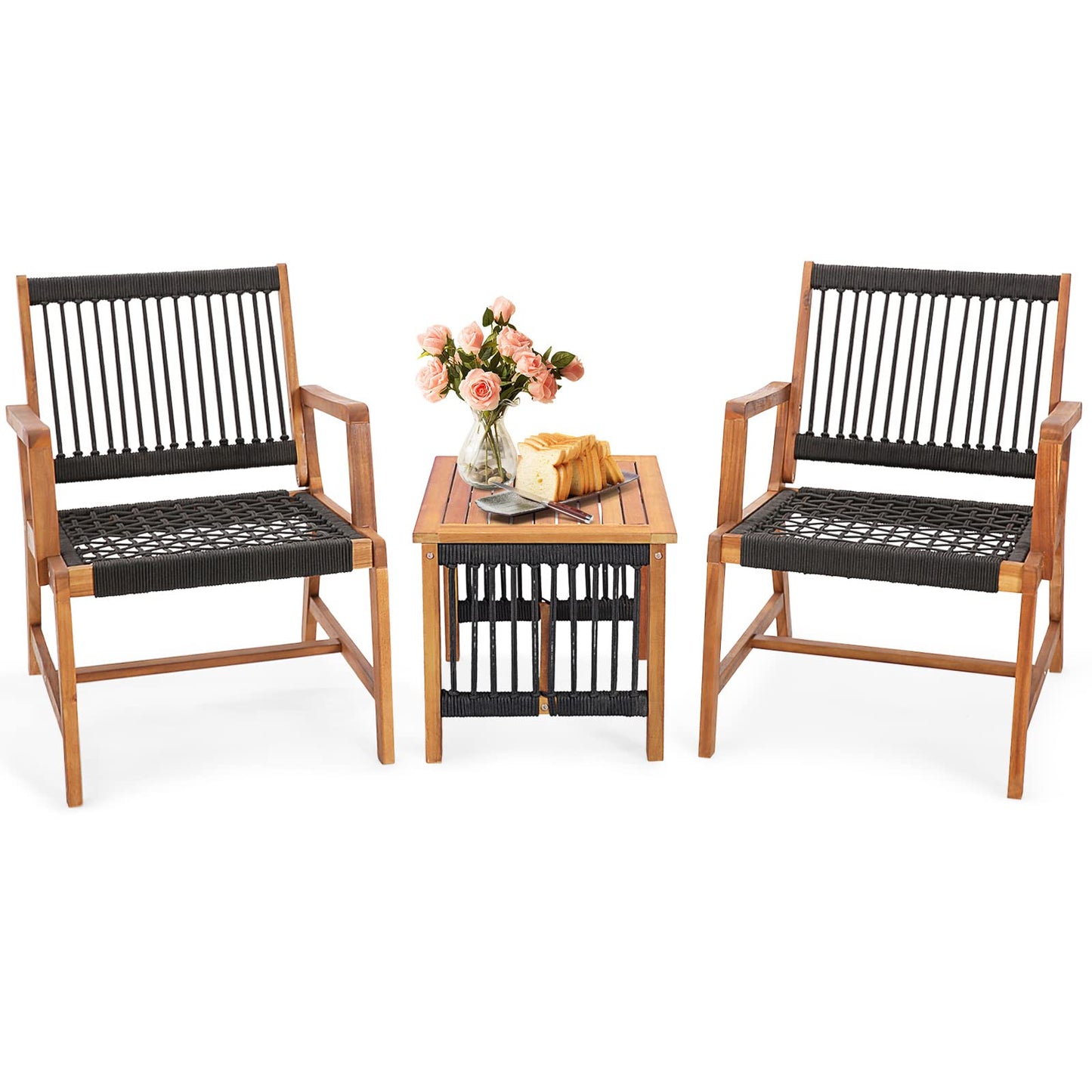 Tangkula 3 Pieces Acacia Wood Outdoor Furniture Set, All-Weather Rope Woven Bistro Set with Armchairs and Coffee Table