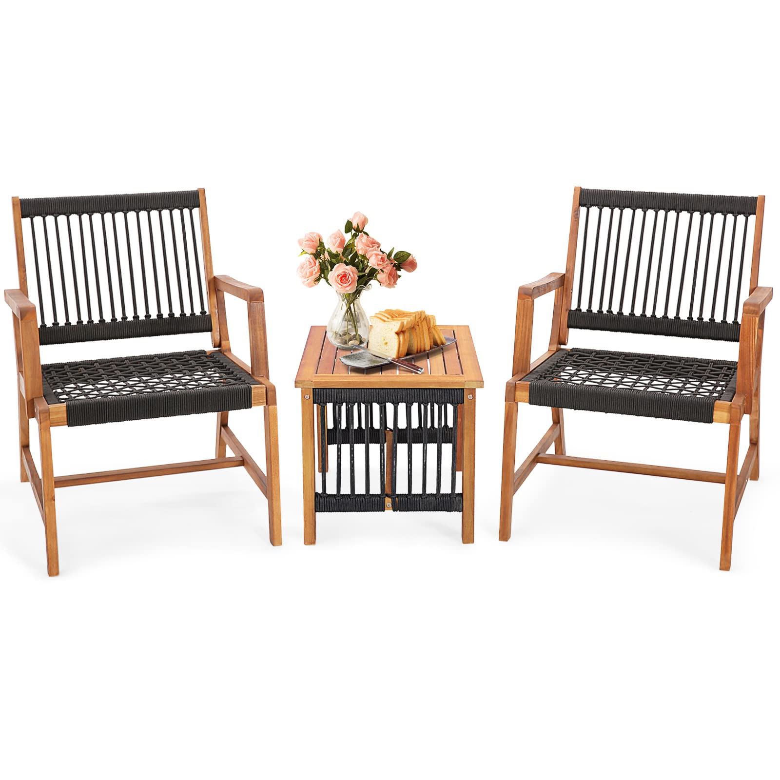 Tangkula 3 Pieces Acacia Wood Outdoor Furniture Set, All-Weather Rope Woven Bistro Set with Armchairs and Coffee Table