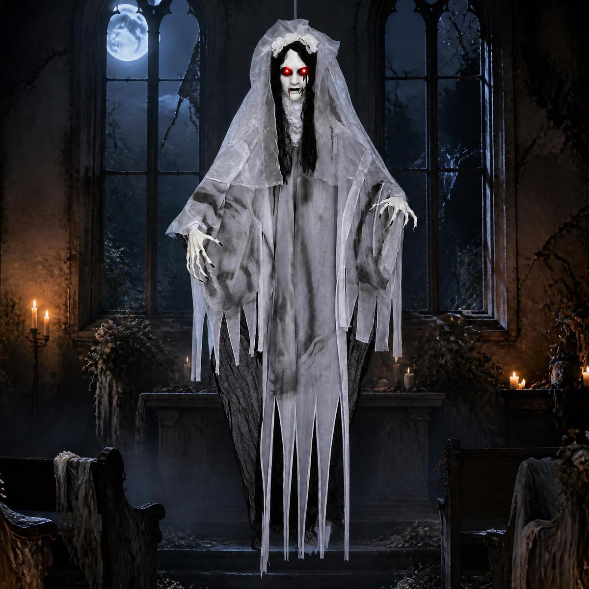 Tangkula 6 FT Animated Halloween Ghost Bride Decoration with Lighted Eyes