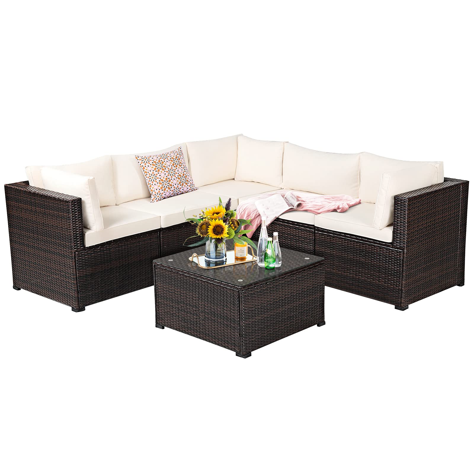 6 Pieces Patio Furniture Set, Outdoor Rattan Sofa Set, Wicker Conversation Set