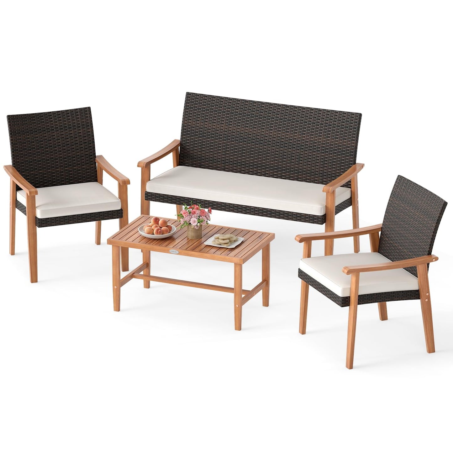 Chaises de conversation extérieures rembourrées en rotin PE Tangkula avec table basse en bois d'acacia