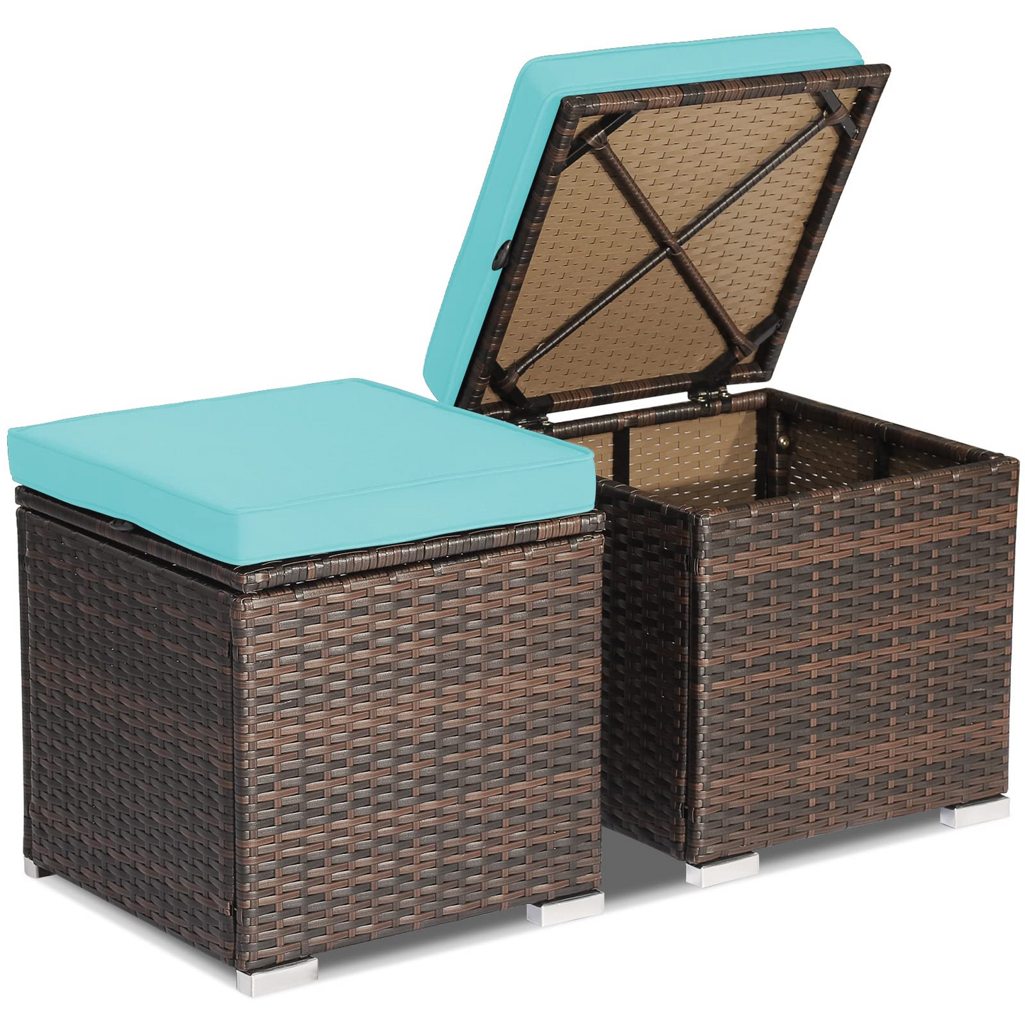 Tangkula 2 Pieces Patio Ottomans, Patiojoy Hand-Woven PE Rattan Side Table with Removable Cushion & Hidden Storage Space