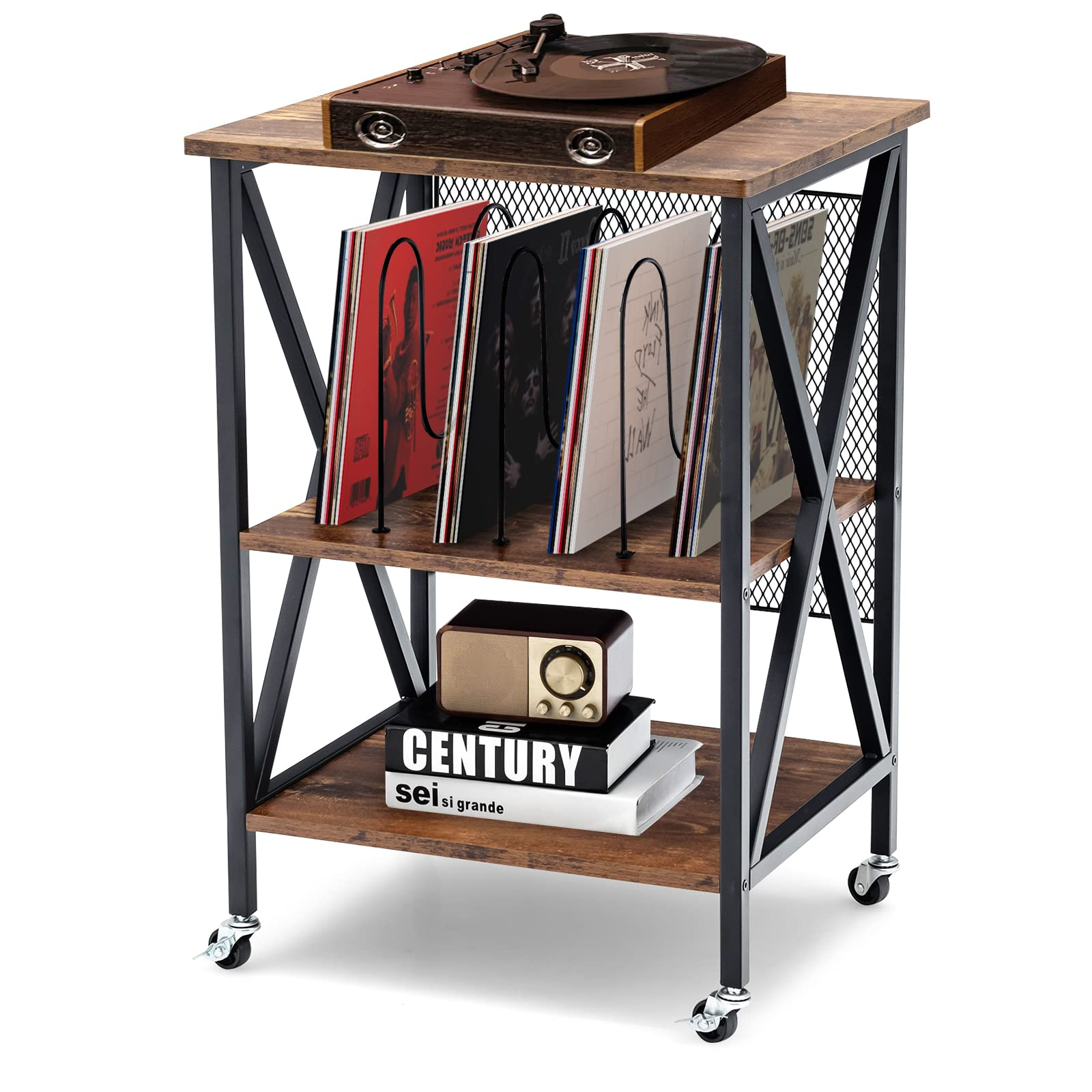 TANGKULA Record Player Stand, 3 Tier Rolling Turntable Stand