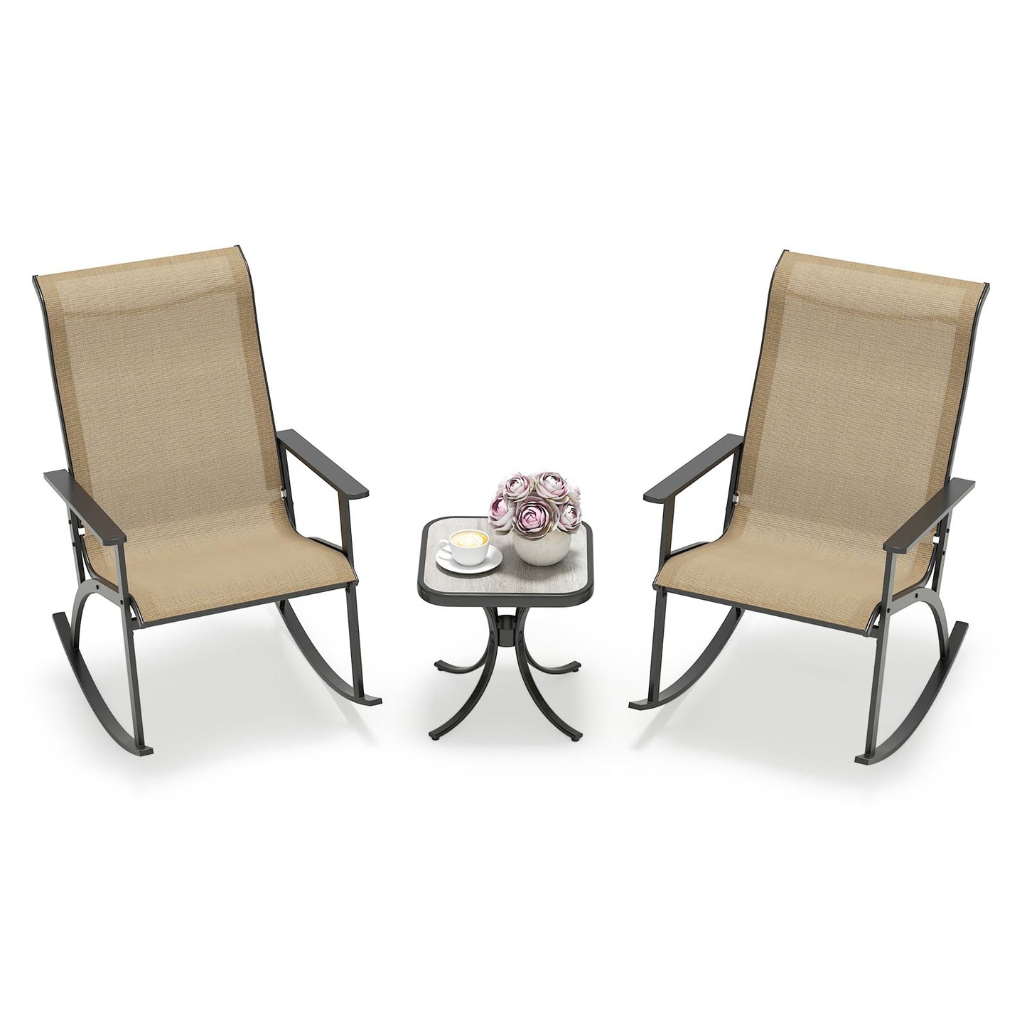 Tangkula 3 Piece Patio Rocker Set w/High Backrest & Wood-Plastic Tabletop