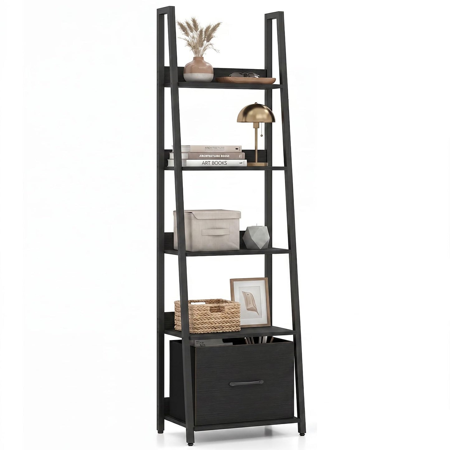 Tangkula 5-Tier Narrow Ladder Bookshelf with Fabric Drawer (1/2)
