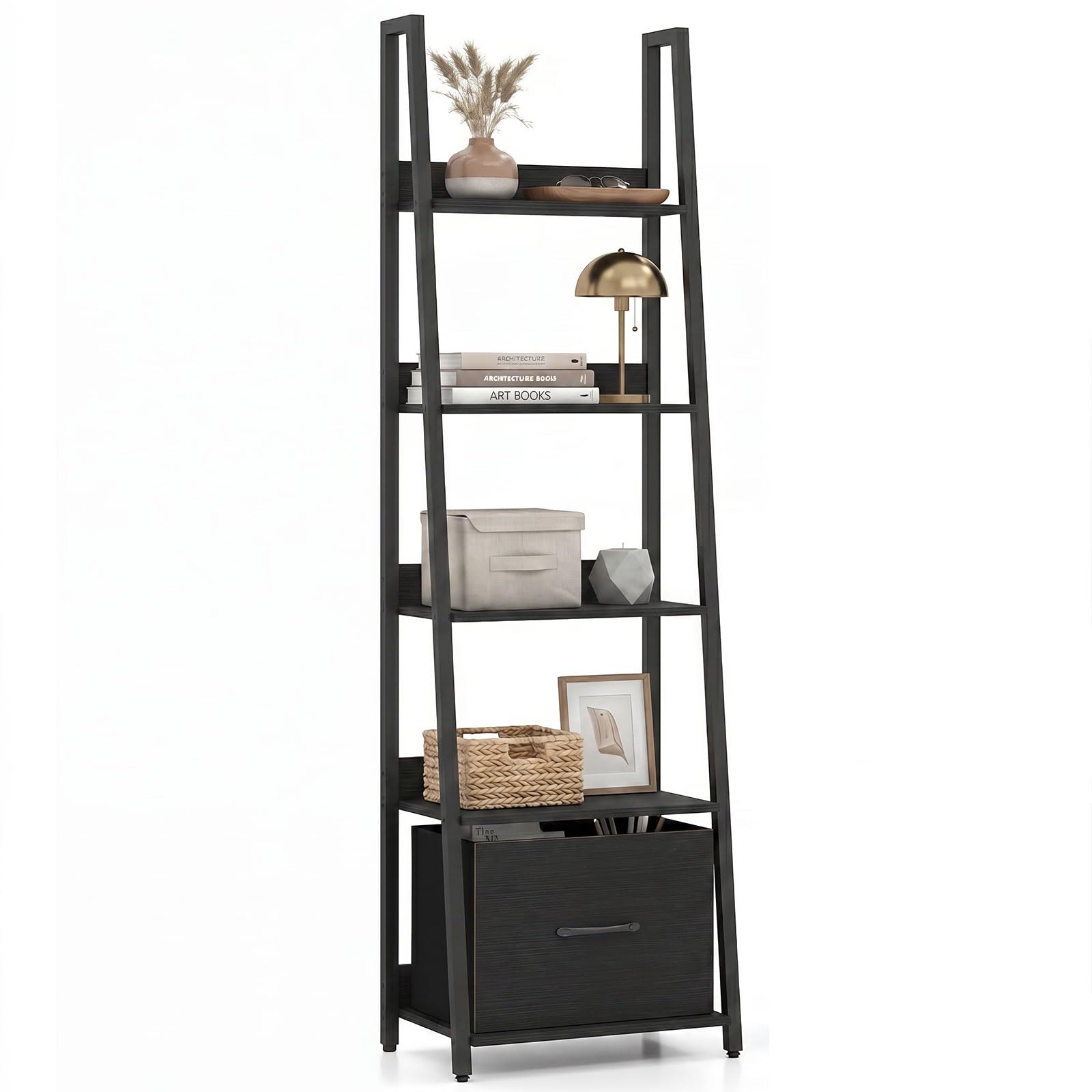 Tangkula 5-Tier Narrow Ladder Bookshelf with Fabric Drawer (1/2)