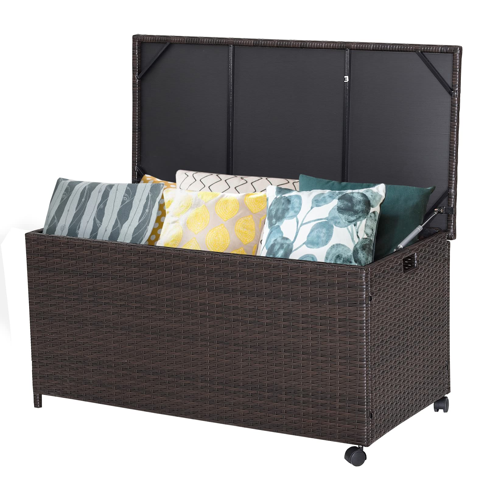 Tangkula 50 Gallon Wicker Deck Storage Box, Patio Rattan Storage Container with 2 Universal Wheels