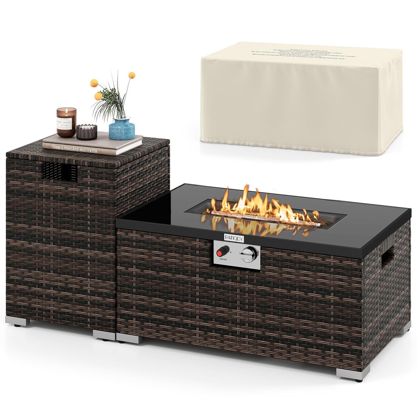 Tangkula 2-Piece Outdoor Rattan Fire Table Set 32 Inch Rectangle Gas Firepit with Tank Cover