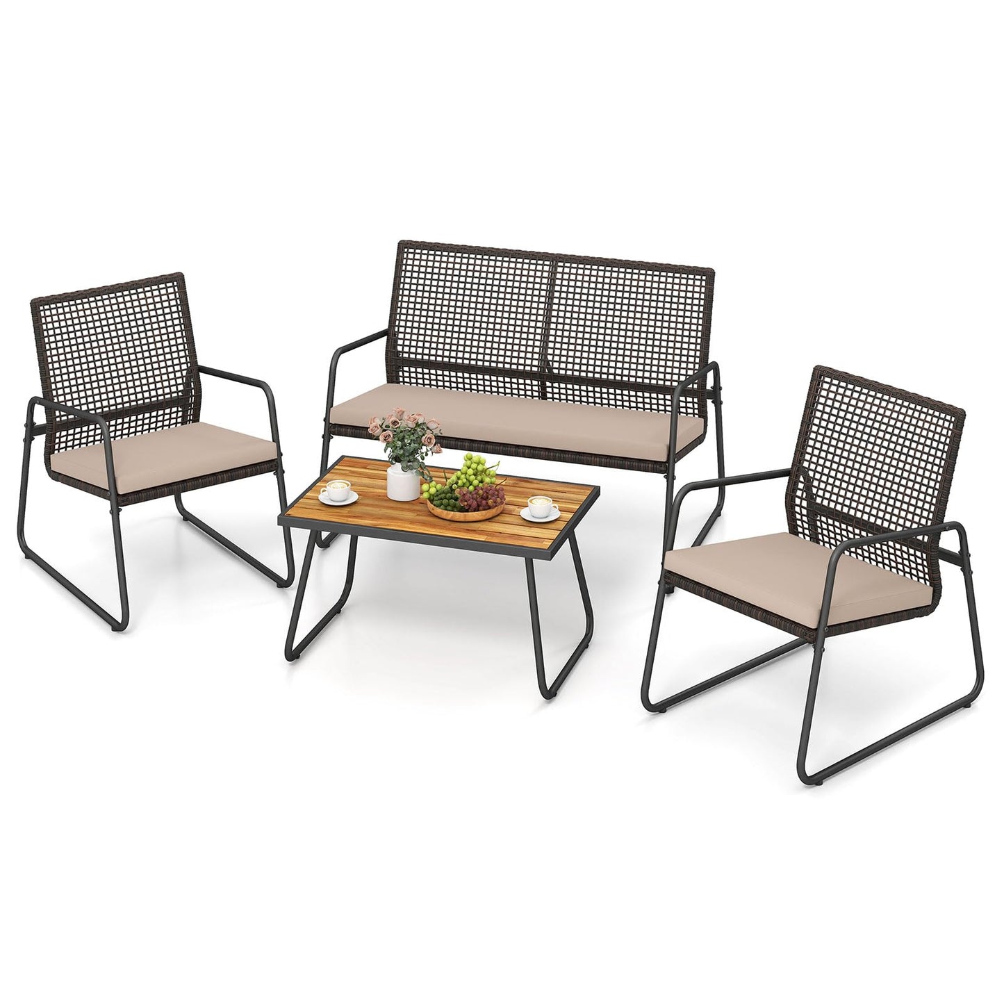Tangkula 4 Pieces Patio Furniture Set with Acacia Wood Coffee Table & Zippered Cushions