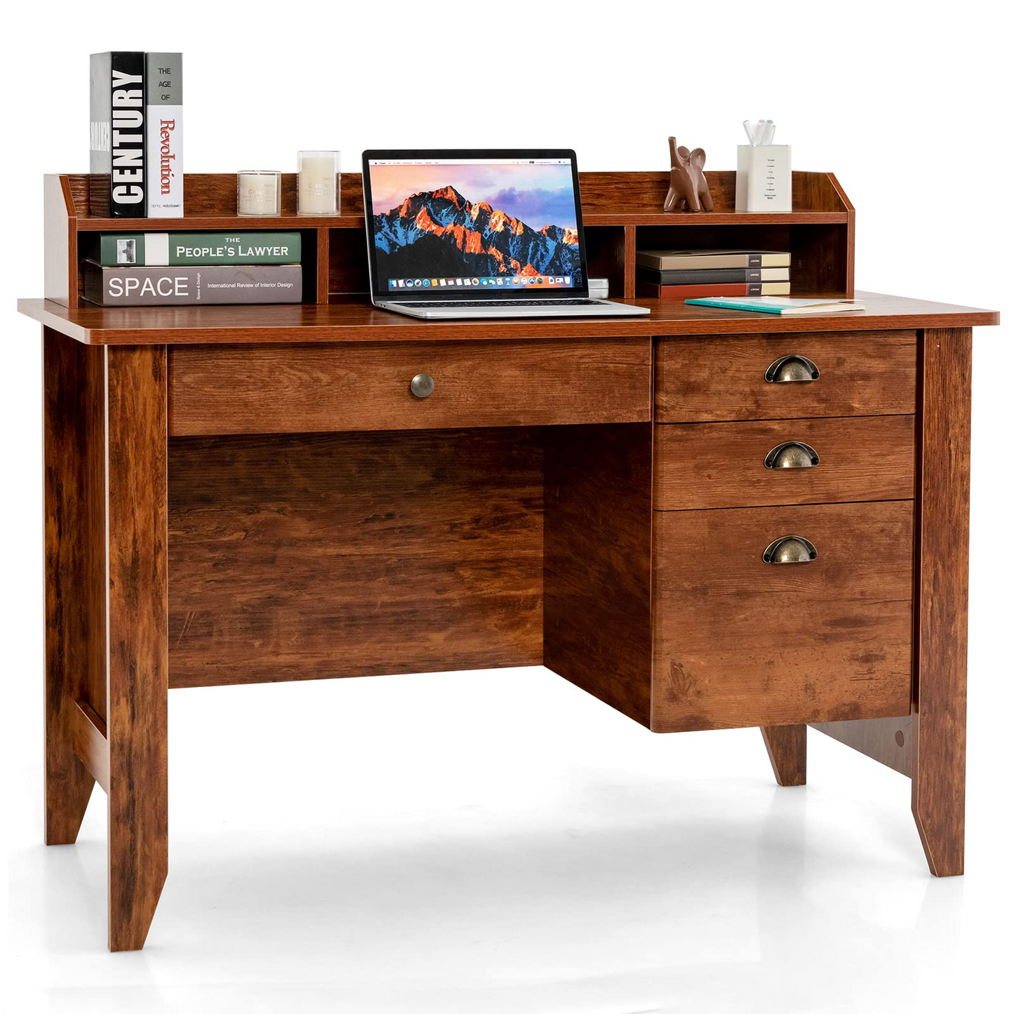 Tangkula 48" Computer Desk with 4 Storage Drawers & Hutch, Home Office Desk Vintage Desk
