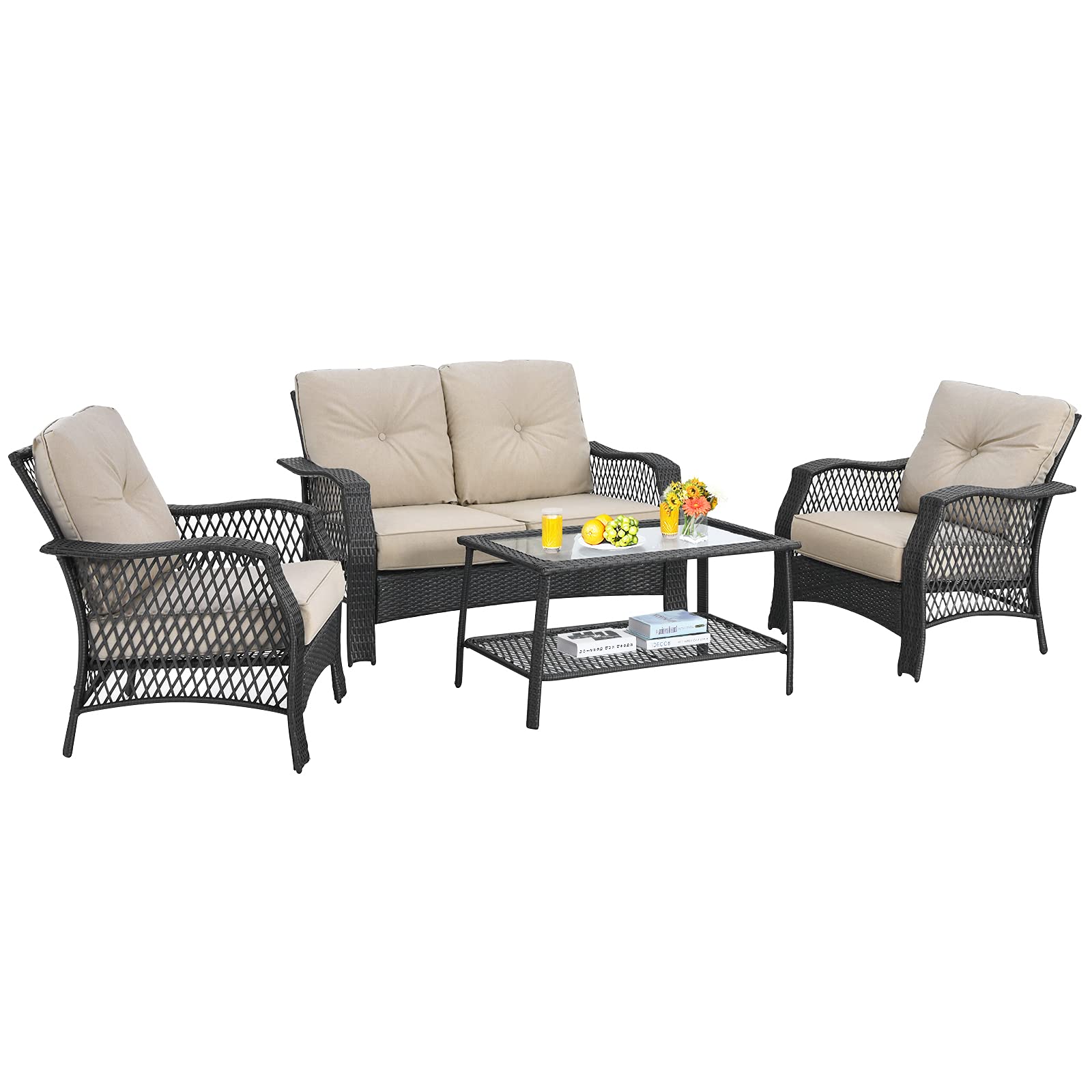 4 Pieces Outdoor Patio Furniture Set, Patiojoy PE Wicker Conversation Sofa Set with Tempered Glass Coffee Table