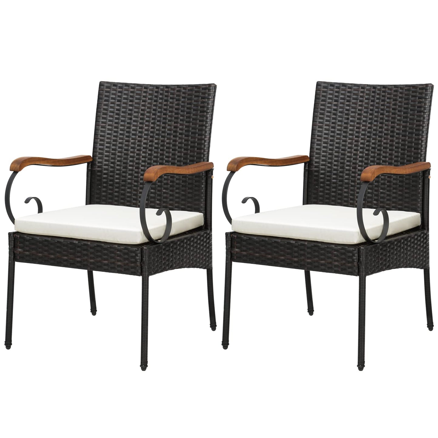 Ensemble de 2 chaises de jardin en rotin PE avec coussins souples zippés, cadre en métal robuste et osier toutes saisons