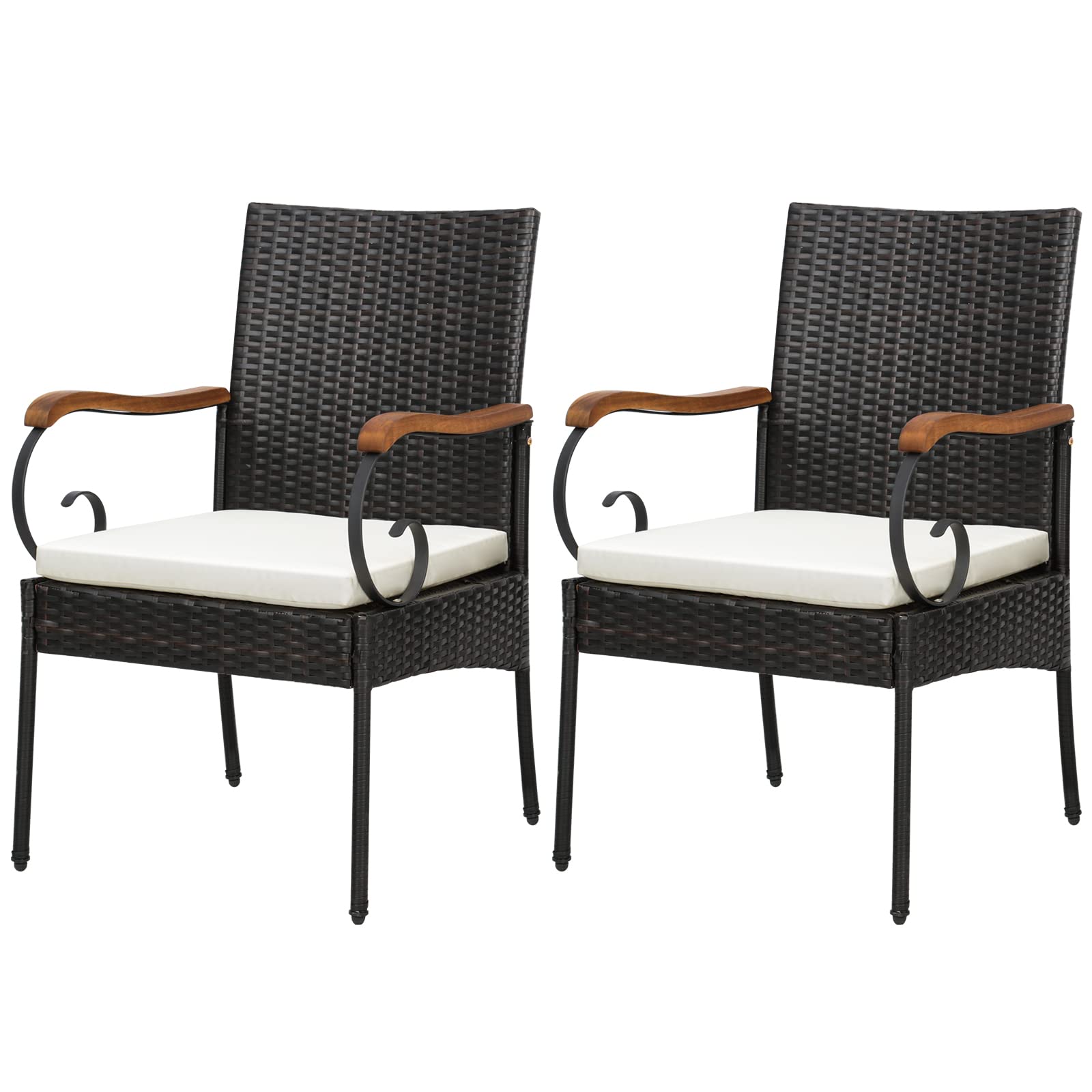 Ensemble de 2 chaises de jardin en rotin PE avec coussins souples zippés, cadre en métal robuste et osier toutes saisons