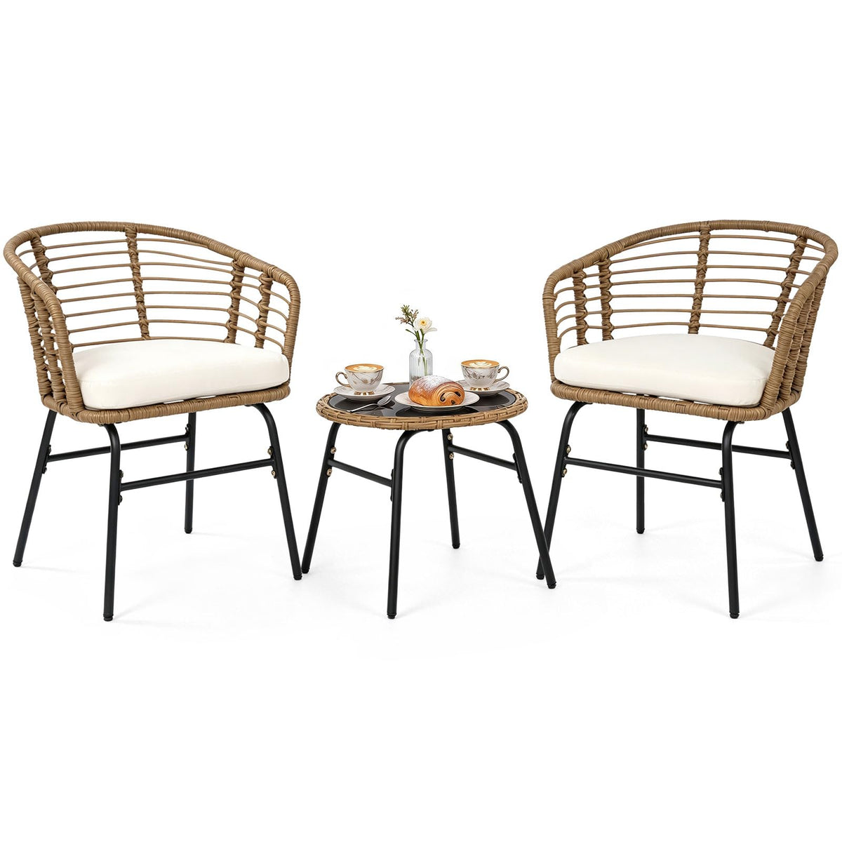 Tangkula 3 Pieces Patio Furniture Set with Tempered Glass Coffee Table and Soft Cushions