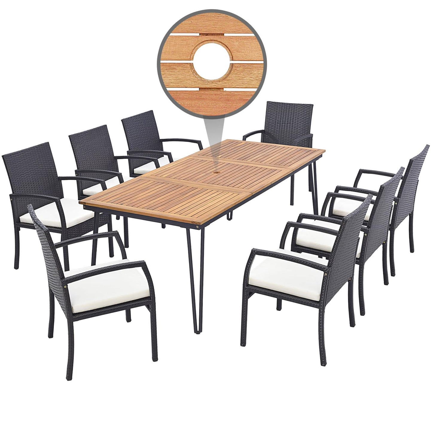 Tangkula Ensemble de salle à manger de jardin 9 pièces en rotin avec table en bois d'acacia
