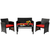 Tangkula 4 Pieces Rattan Furniture Set, Outdoor Conversation Set w/Chair & Loveseat & Tempered Glass Coffee Table