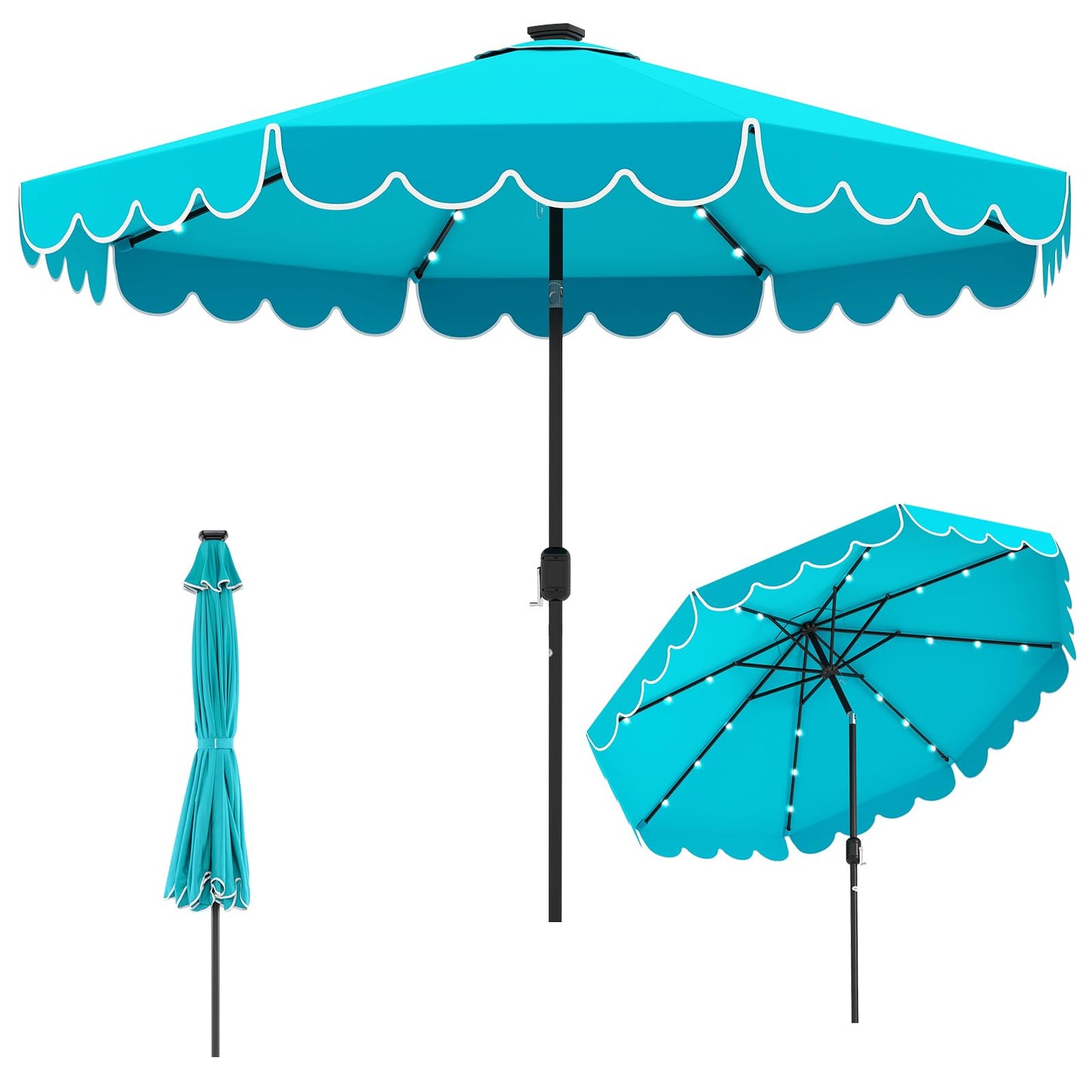 Tangkula 10FT Solar LED Patio Umbrella 2-Tiers Scalloped Outdoor Table Market Umbrella