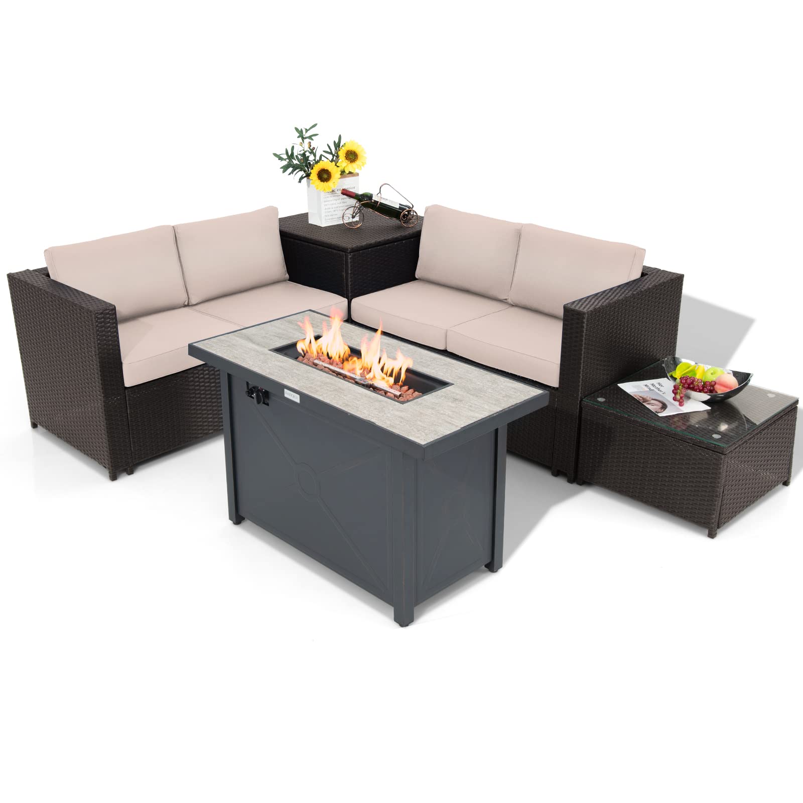 Tangkula 5-Piece Patio Furniture Set with 42 Inches Propane Fire Pit Table, Outdoor Wicker Conversation Set with Cushions