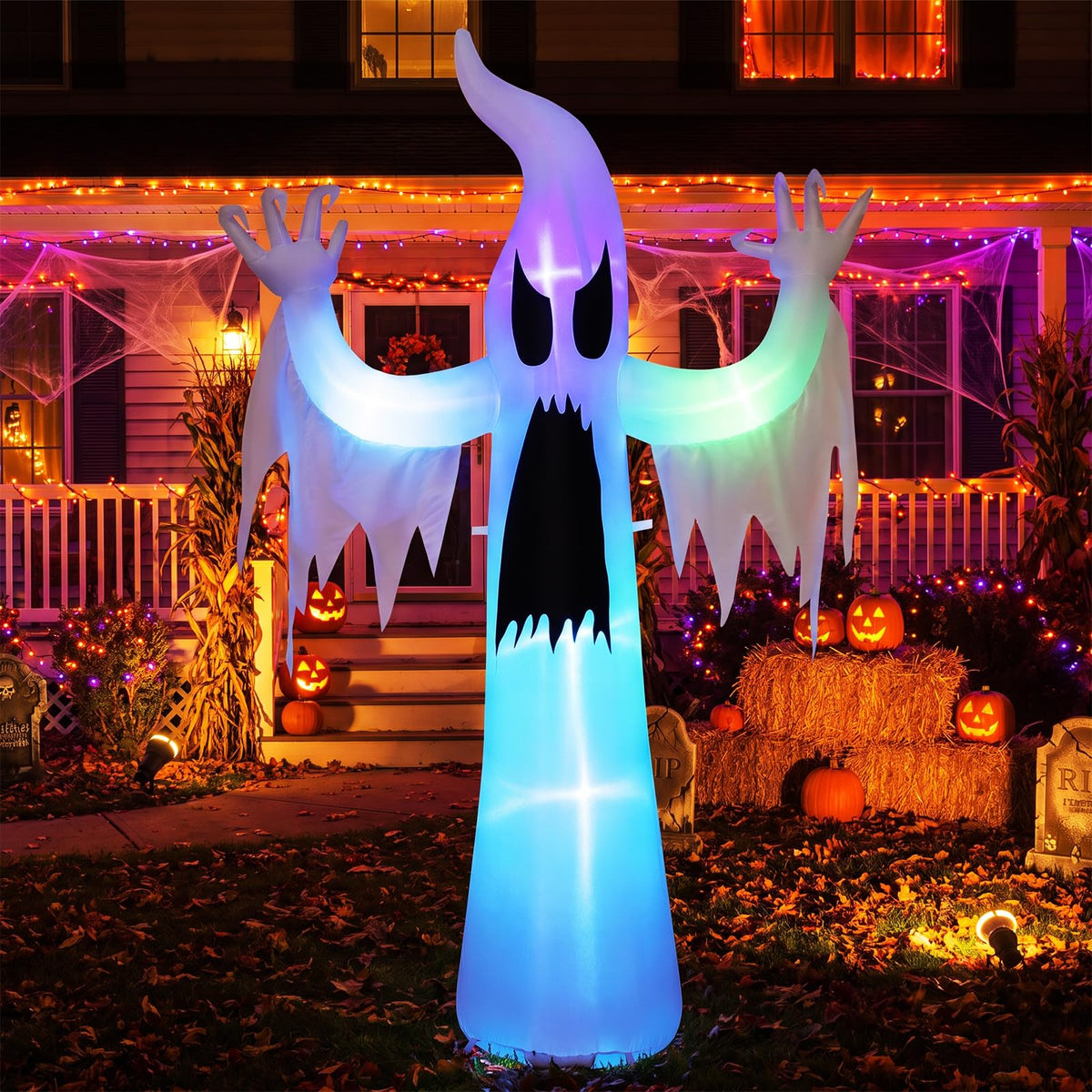Tangkula 7.7 FT Halloween Inflatable Ghost with Built-in RGB LED Lights
