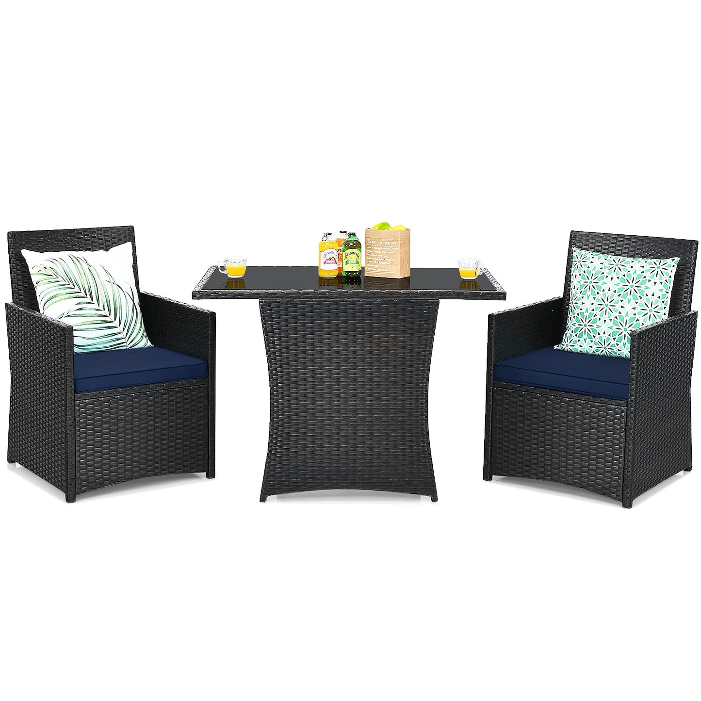 3 Pieces Patio Dining Set, Space-Saving PE Rattan Bistro Set with Tempered Glass Top Table and Cushioned Chairs