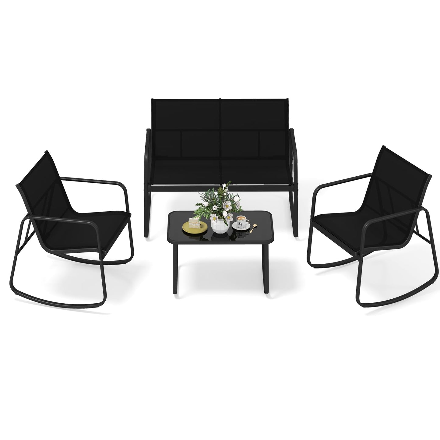 Tangkula Outdoor Rocking Bistro Set with Rocking Chairs Loveseat & Glass Coffee Table