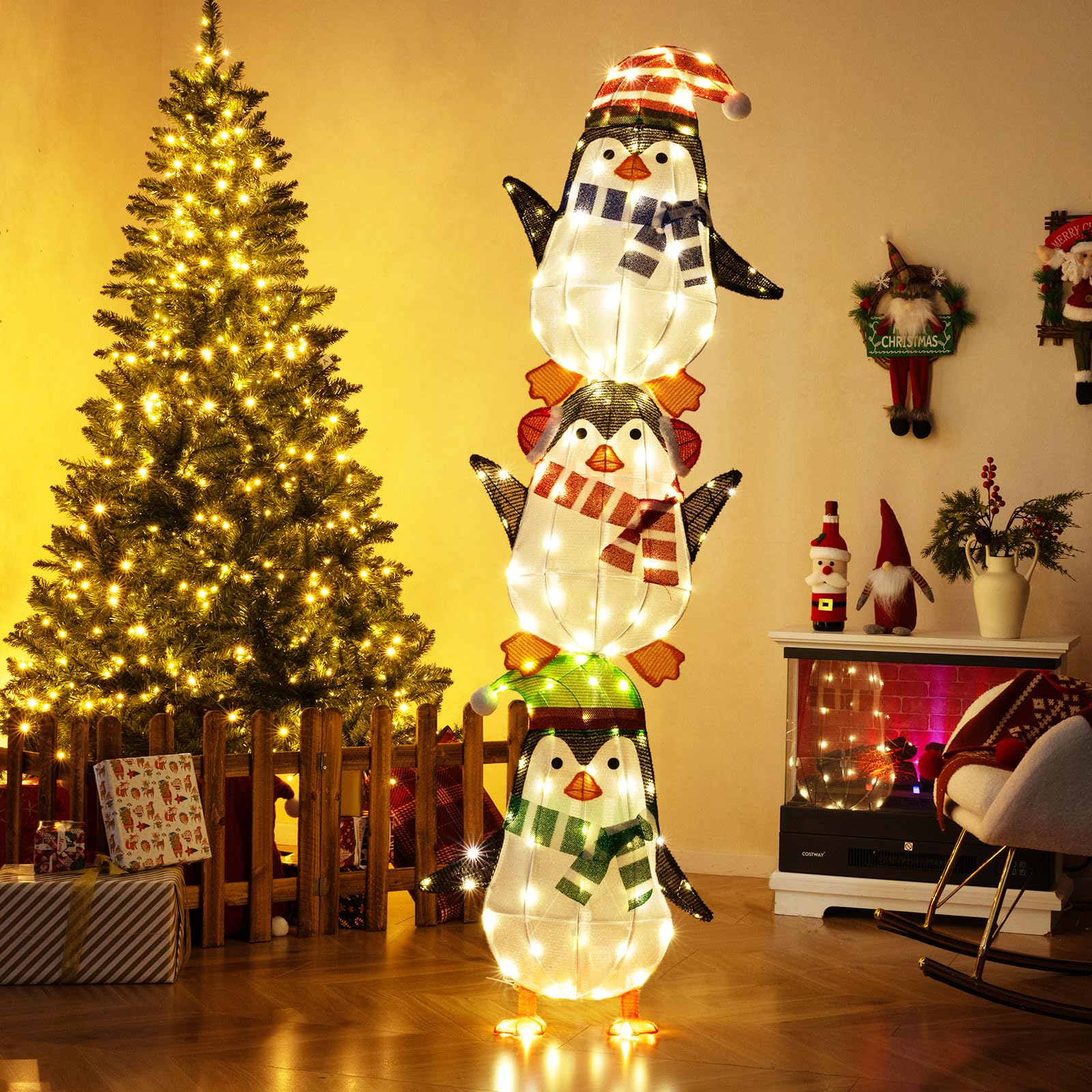 Tangkula 6 FT Christmas Lighted 3 Stacked Penguins Decoration Xmas Penguins with 156 Warm White Lights