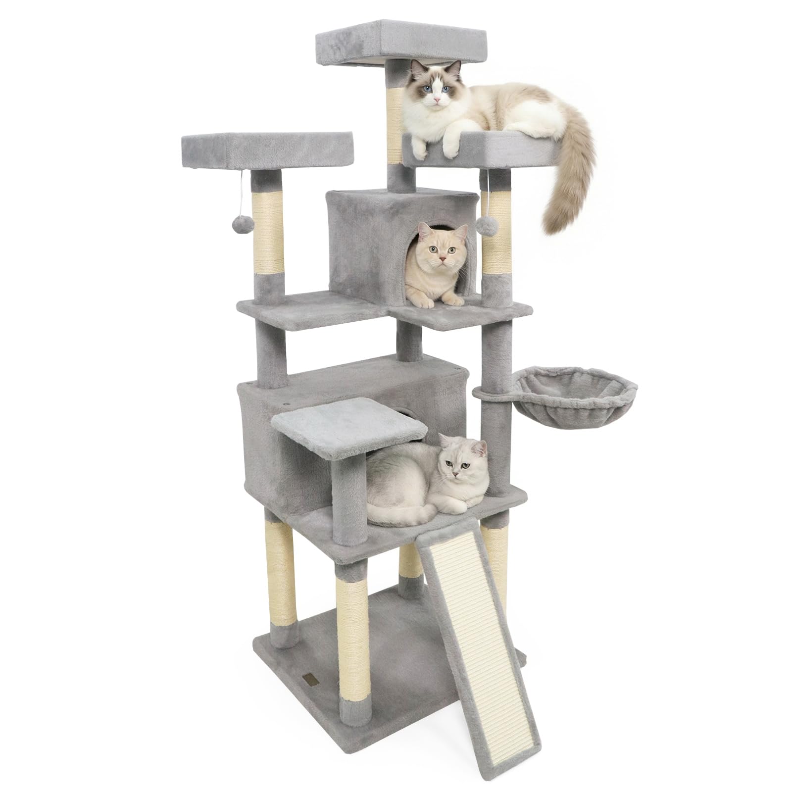 Tangkula 65 Inch Tall Multi-Level Cat Tree with 2 Condos 3 Plush Top Perches & 3 Hanging Balls