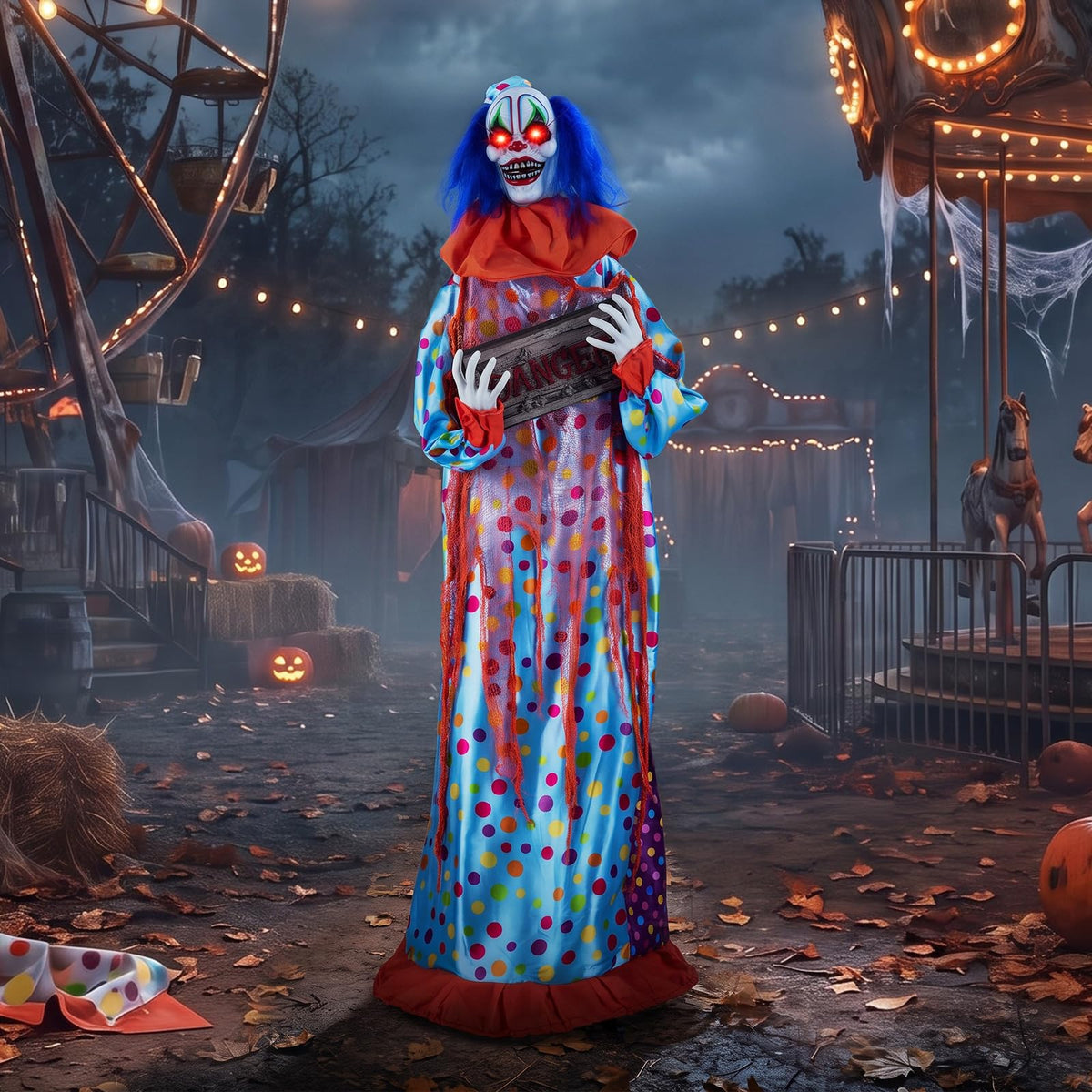 Tangkula 5.6 FT Halloween Animated Clown with Snap-up Head & Glowing Eyes