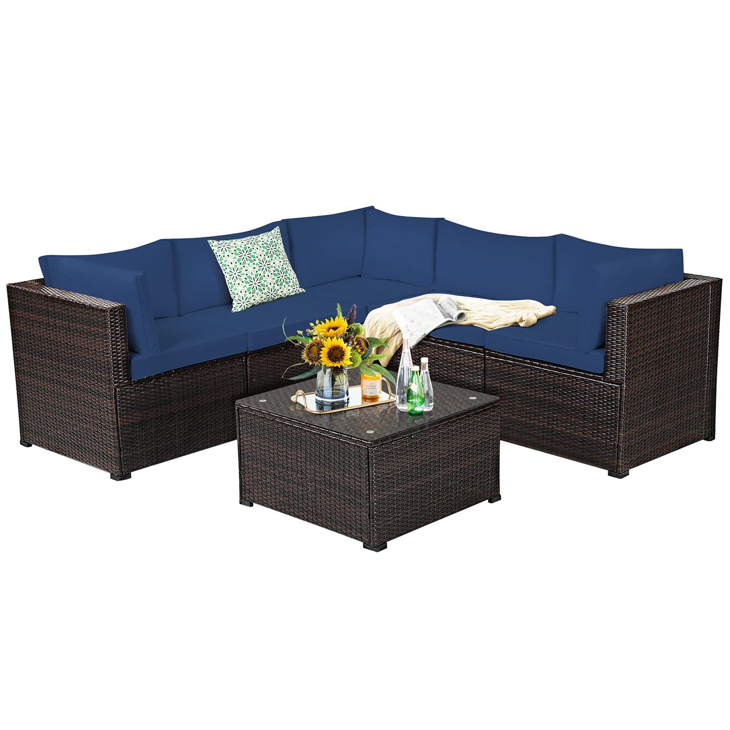 6 Pieces Patio Furniture Set, Outdoor Rattan Sofa Set, Wicker Conversation Set