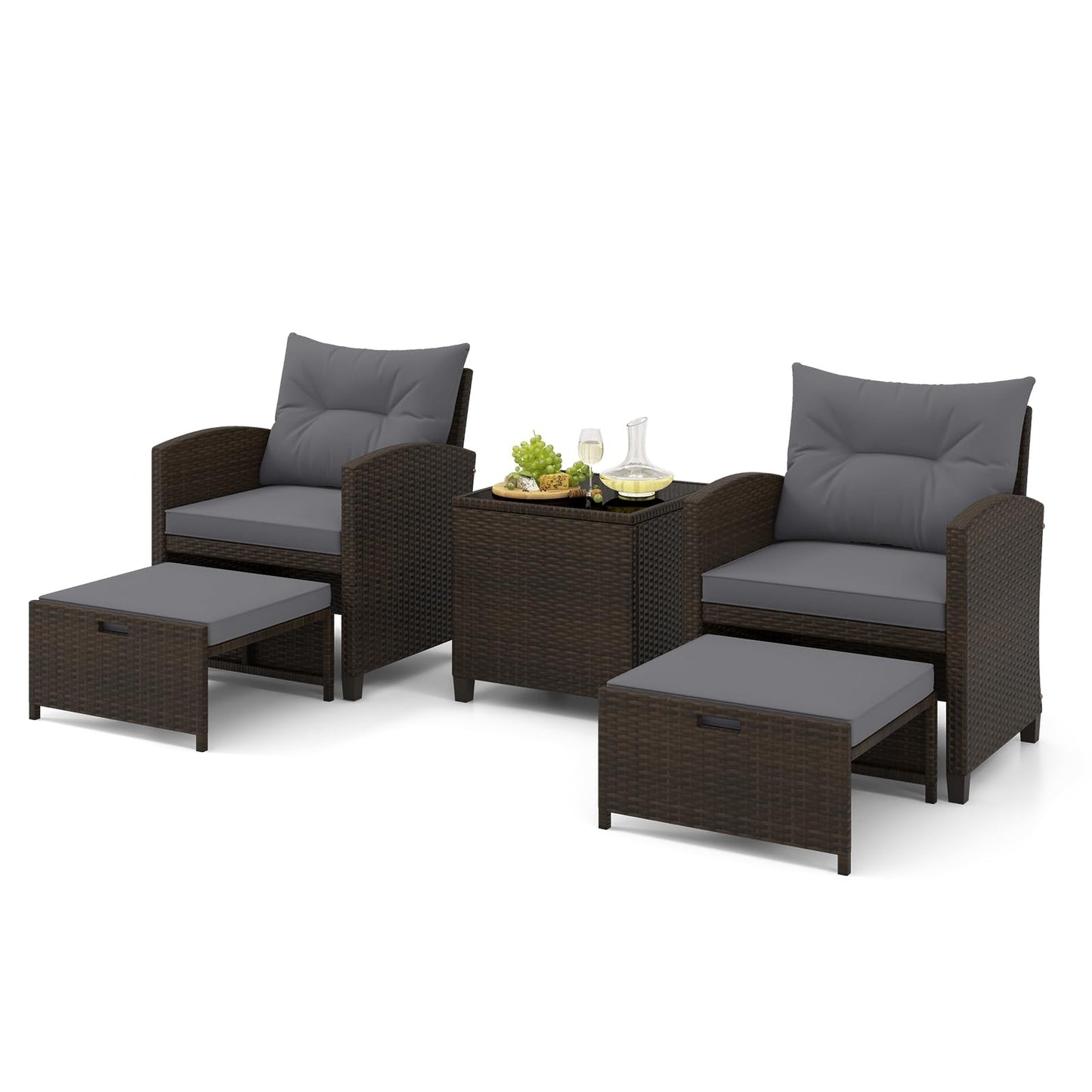 Tangkula 5 Piece Patio Rattan Furniture, Wicker Cushioned Chairs Set w/ 2 Ottomans & Tempered Glass Coffee Table