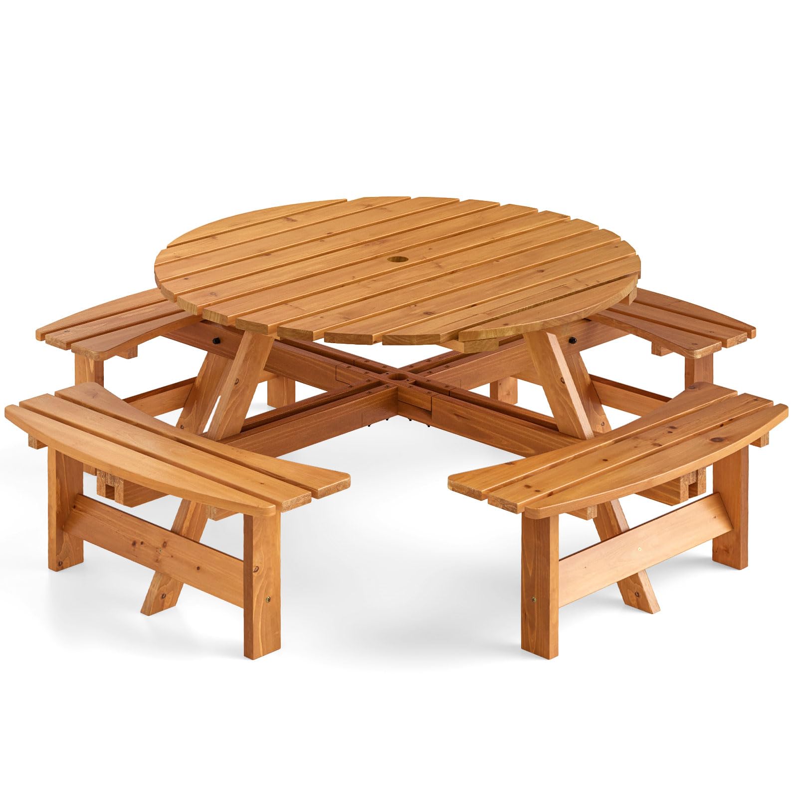 Tangkula 8-Person Wood Picnic Table Outdoor Round Table and Bench Set