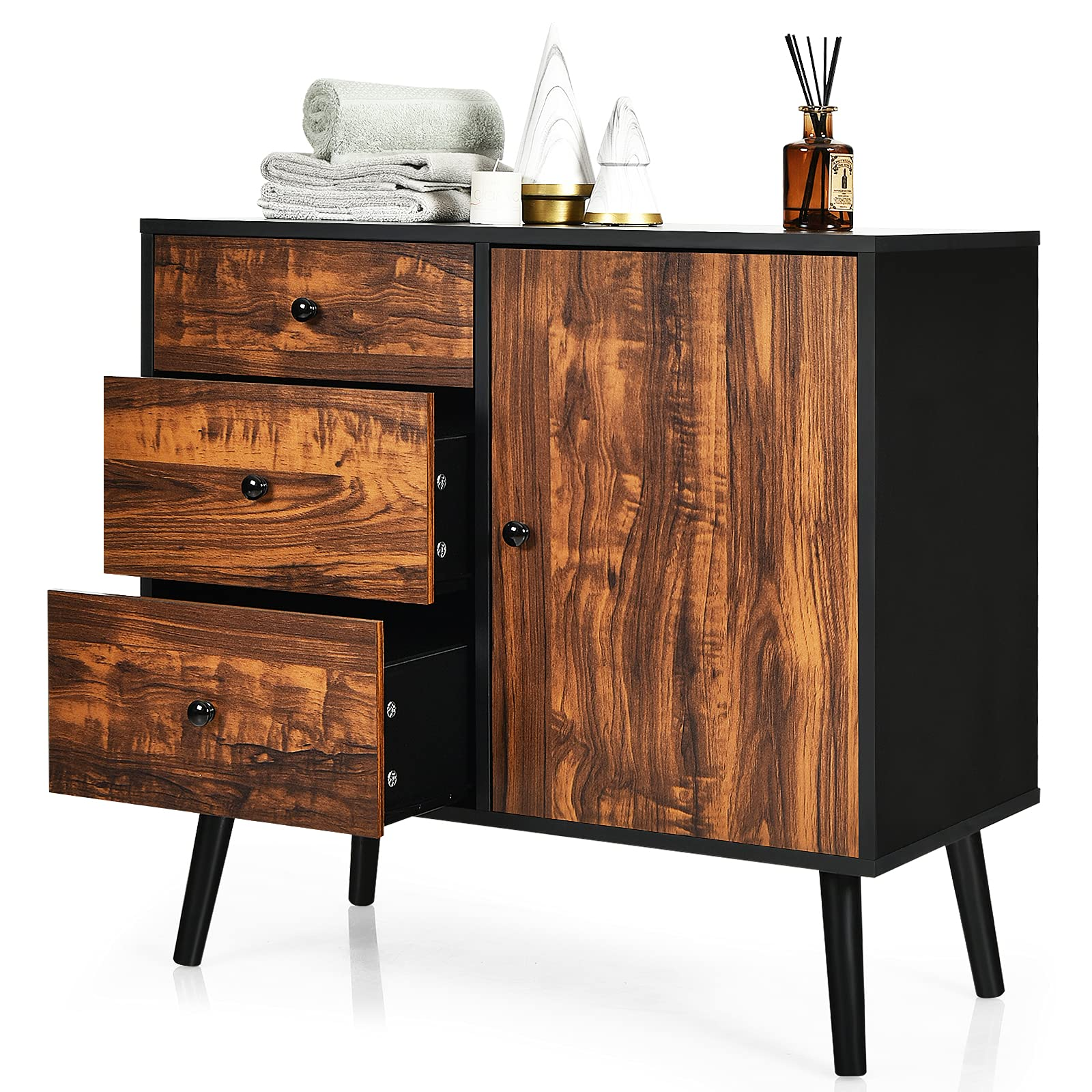 Tangkula Retro Storage Cabinet, Wood Floor Storage Cabinet with 3 Drawers and 1 Cabinet w/Adjustable Shelf, Accent Cabinet