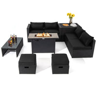 Tangkula 9 Pieces Outdoor Wicker Sectional Sofa with 42" 60,000 BTU Gas Fire Pit Table