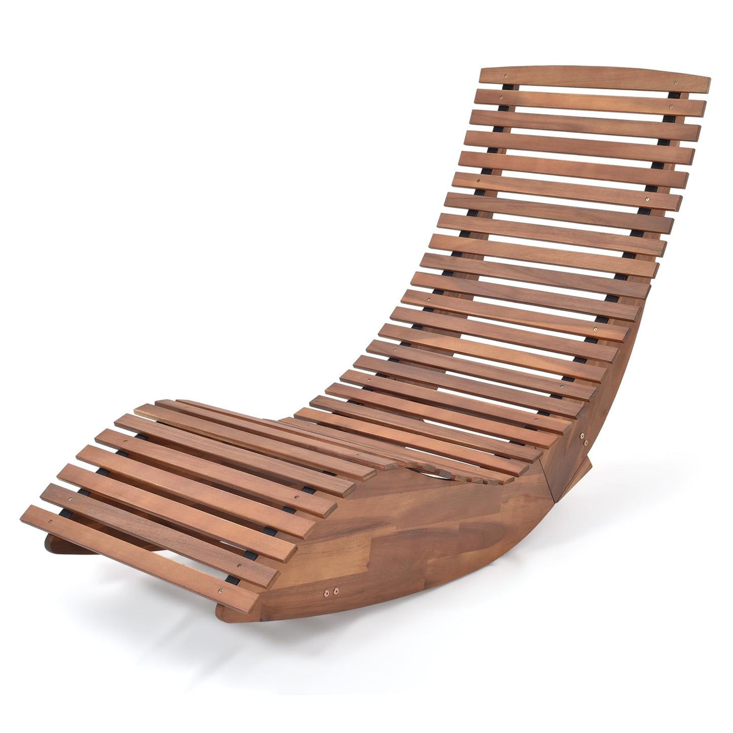 Chaise à bascule d'extérieur Tangkula en bois d'acacia, fauteuil à bascule de véranda avec siège à lattes élargi et dossier haut