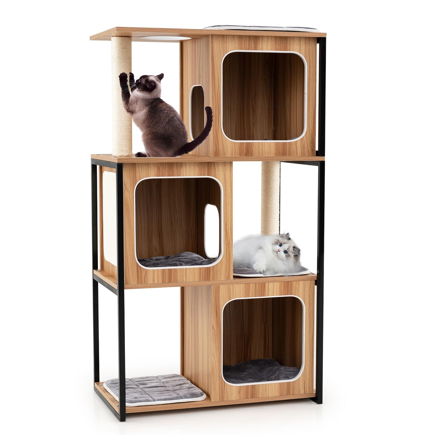 Tangkula Modern Cat Tree, 52 Inch Wooden Cat Condos with Metal Frame, Sisal Scratching Posts & Board