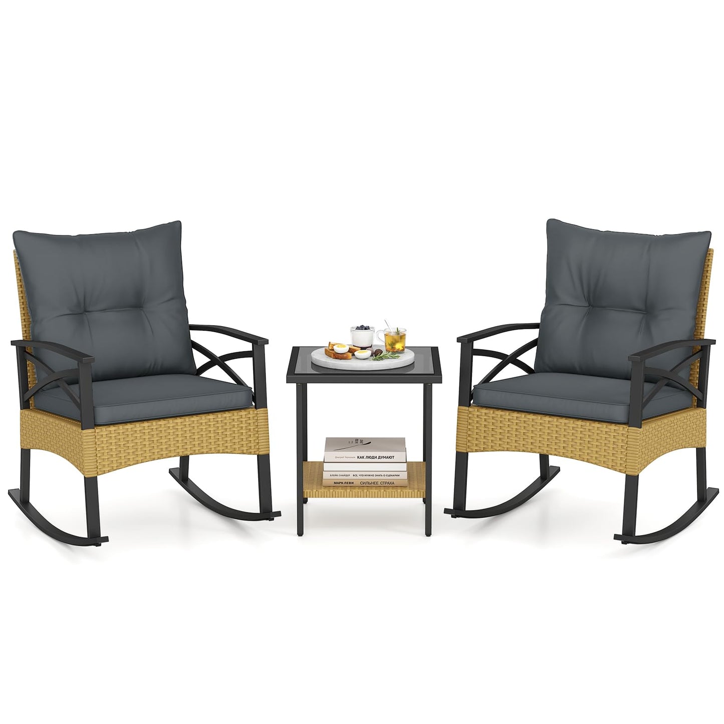 Tangkula Lot de 3 fauteuils à bascule robustes en rotin avec coussins
