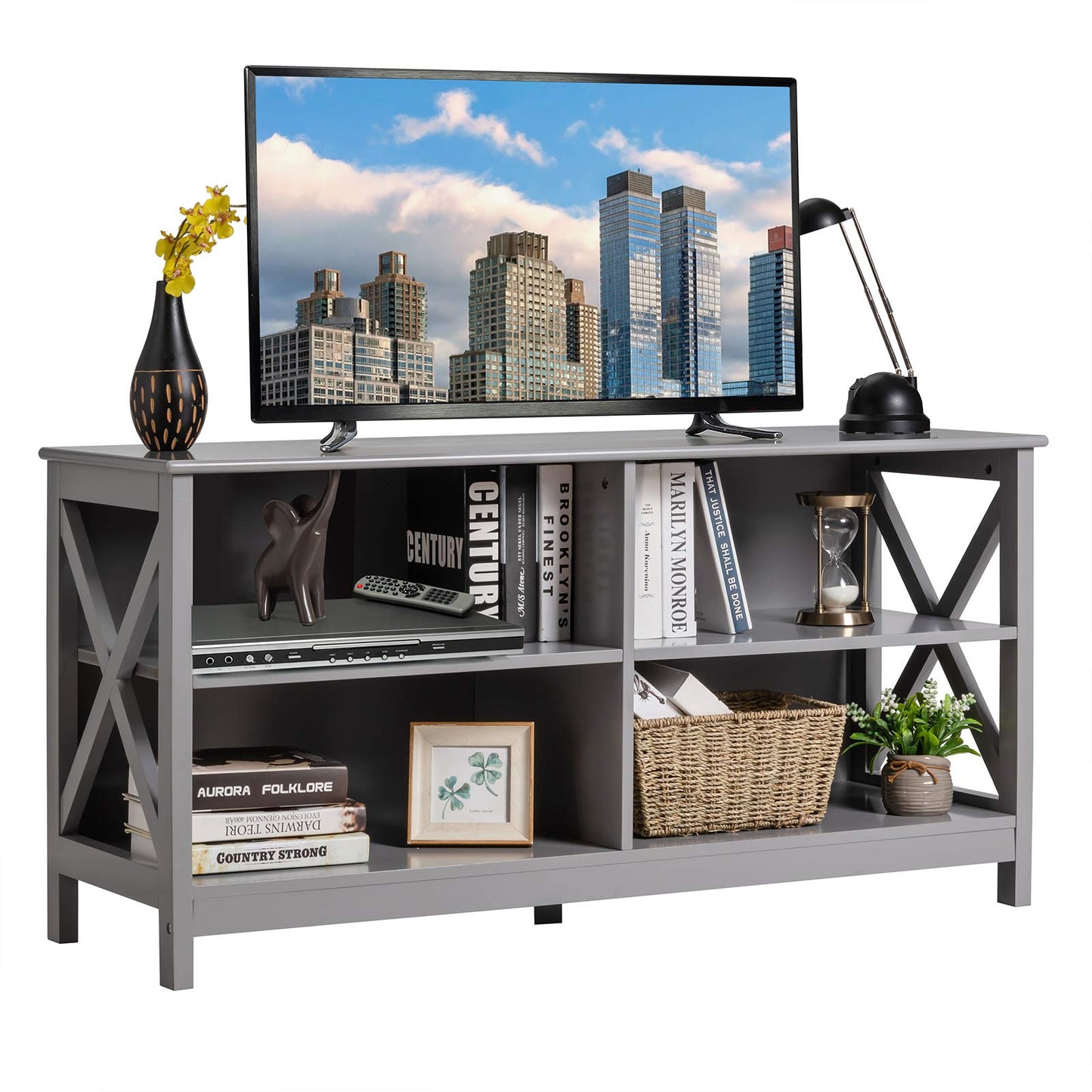 Meuble TV pour téléviseurs jusqu'à 55 pouces, meuble de divertissement en bois de style ferme avec cadre en X et 4 étagères de rangement ouvertes