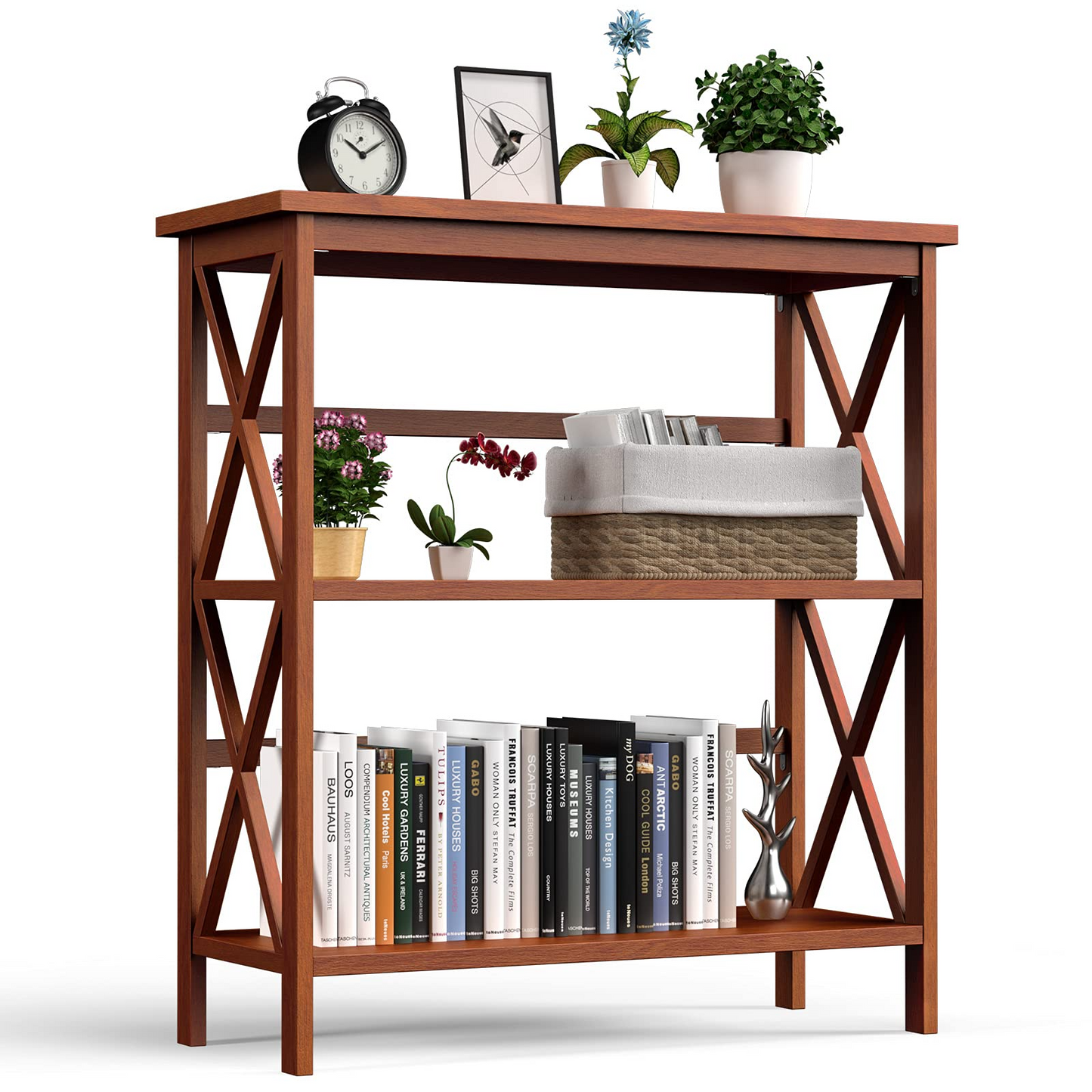 Tangkula 3-Tier Bookshelf, Vintage Wooden Bookcase with X-Style Frame