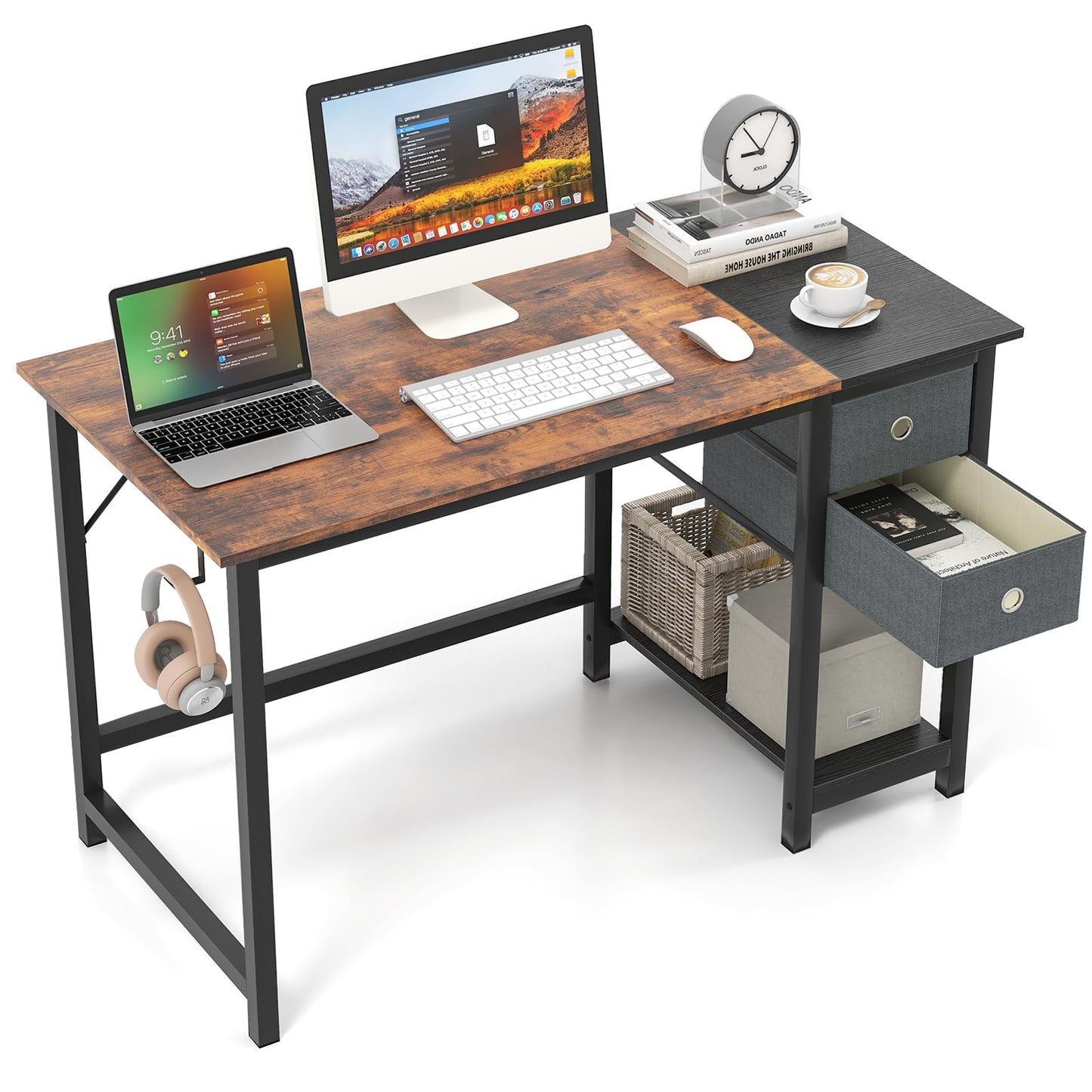 Tangkula Bureau informatique avec 2 tiroirs, bureau moderne pour la maison et le bureau avec crochet de suspension et étagère de rangement.