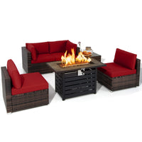Tangkula 6-Piece Outdoor Wicker Conversation Set with 42 Inches Propane Fire Pit Table
