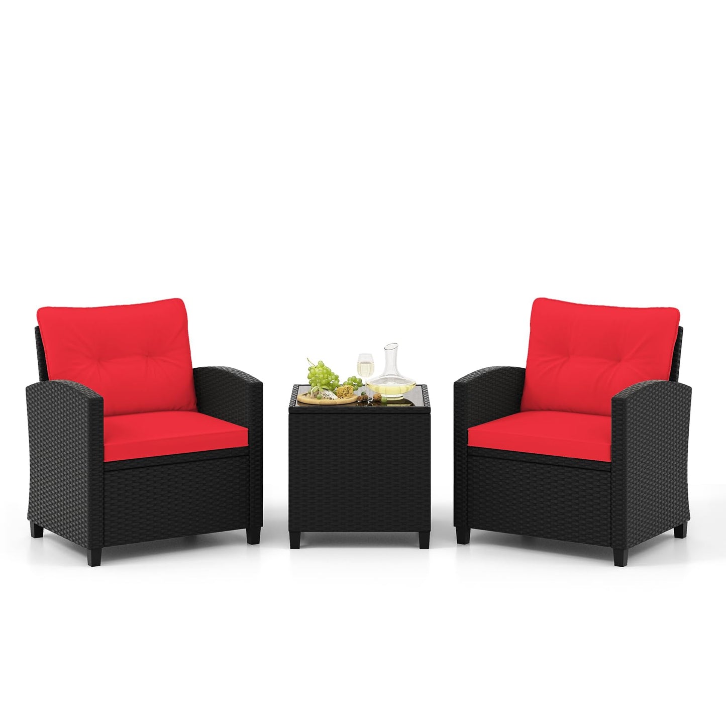 Tangkula 3 Piece Patio Furniture Set, Rattan Conversation Set w/Soft Seat & Back Cushions